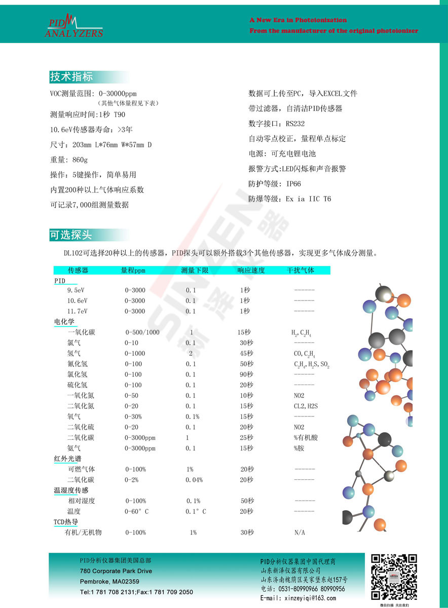 美国PID公司DL 102多功能便携式VOCs分析仪PID-技术参数表